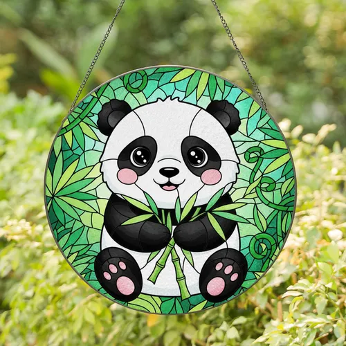 Smiling Plump Panda Stained Glass Tiffany Green Bamboo Jungle Foliage Panda Lover Gift Stained Glass Suncatcher