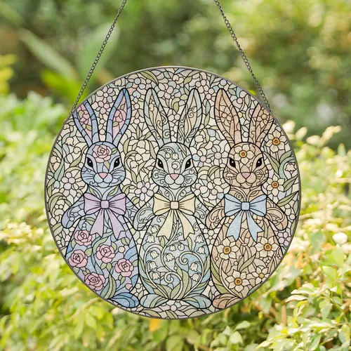 Easter Bunnies Floral Tiffany Stained Glass - Intricate Spring Garden Jewel Tone Art Stained Glass Suncatcher