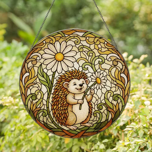 Hedgehog Daisy Tiffany Glass Stained Art - Detailed Mosaic Folk Animal Garden Home Decor Stained Glass Suncatcher