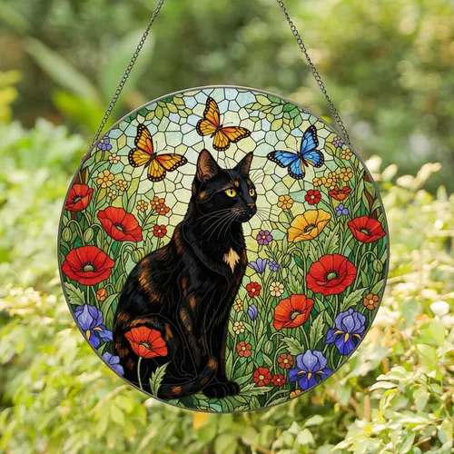 Black Cat Stained Glass Butterflies Red Orange Poppies Blue Pansies Green Foliage Tiffany Art Stained Glass Suncatcher