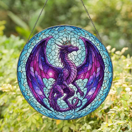 Majestic Crowned Cosmic Dragon Stained Glass Galaxy Scales Celestial Mist Tiffany Jewel Tones Art Stained Glass Suncatcher