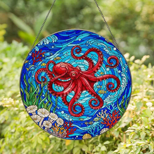 Red Octopus Stained Glass - Underwater Ocean Life Tiffany Style Jewel Tones Art Stained Glass Suncatcher