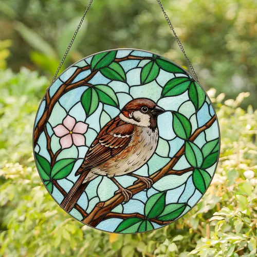 Sparrow Bird Stained Glass Mosaic Art - Tree Branch Leaves Pink Flower Colorful Design Stained Glass Suncatcher