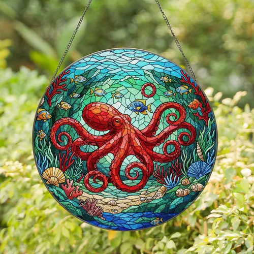 Red Octopus Stained Glass Ocean Mosaic - Marine Life Reef Scene Underwater Decor Stained Glass Suncatcher