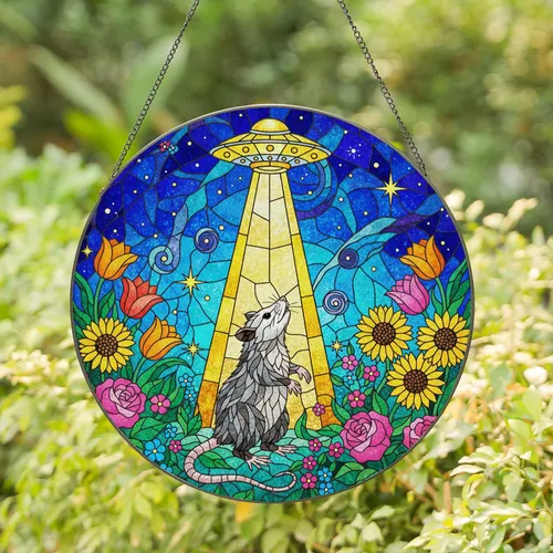 Grey Opossum Abducted by UFO, Stained Glass Tiffany Style Art, Cosmic Night Sky, Flowers Stained Glass Suncatcher