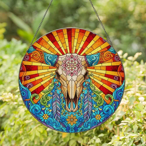 Tiffany Inspired Stained Glass Ornate Bovine Skull Floral Mandala Suncatcher Home Decor Stained Glass Suncatcher