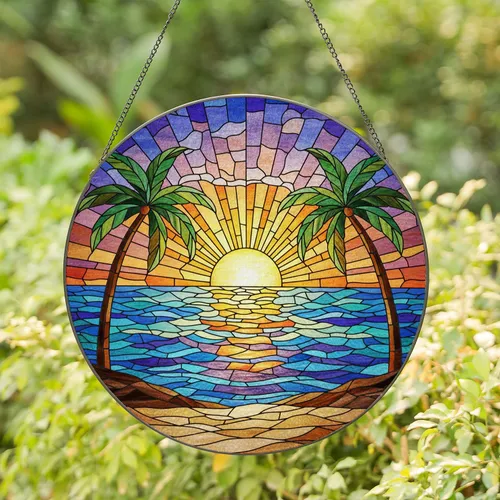 Intricate Sun Palm Trees Ocean Beach Stained Glass Mosaic Tropical Decor Gift Stained Glass Suncatcher