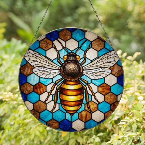 Intricate Honeybee Tiffany Stained Glass Honeycomb Mosaic - Glowing Jewel Tones Decor Stained Glass Suncatcher