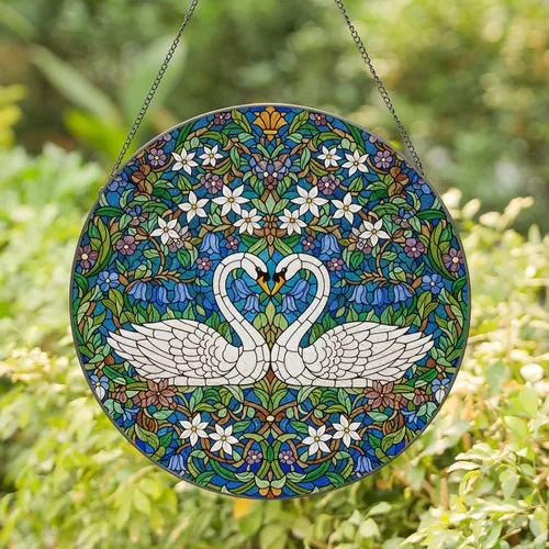White Swans Heart Shape Stained Glass Tiffany Style - Dense Floral Botanical Mosaic Art Stained Glass Suncatcher