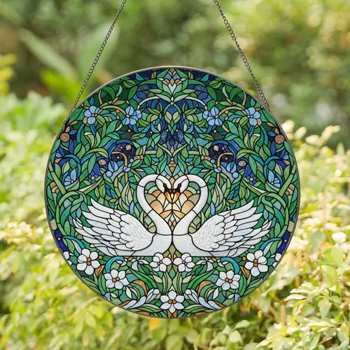White Swans Heart Stained Glass Tiffany Floral Botanical Mosaic Nocturnal Garden Art Stained Glass Suncatcher