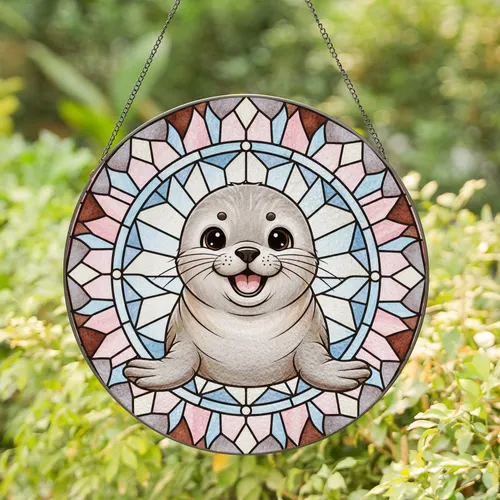 Baby Seal Stained Glass Mosaic - Intricate Geometric Translucent Glass Art Stained Glass Suncatcher