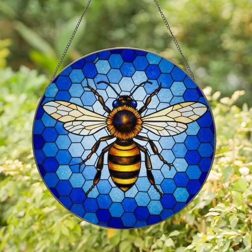 Honey Bee Stained Glass Art - Intricate Tiffany Style Hexagonal Mosaic Nature Gift Stained Glass Suncatcher