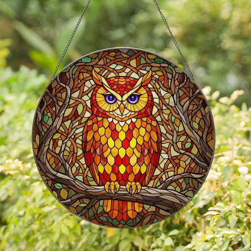 Majestic Wise Owl Stained Glass Art with Tree Branch & Colorful Tiffany Style Foliage Stained Glass Suncatcher