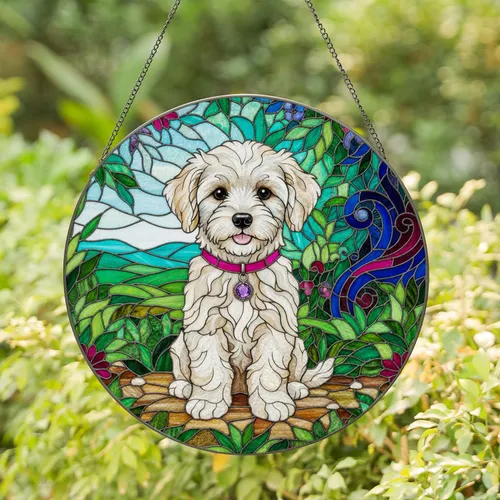White Bichon Poodle Puppy Stained Glass Jewel Tone Pink Collar Landscape Gift Stained Glass Suncatcher