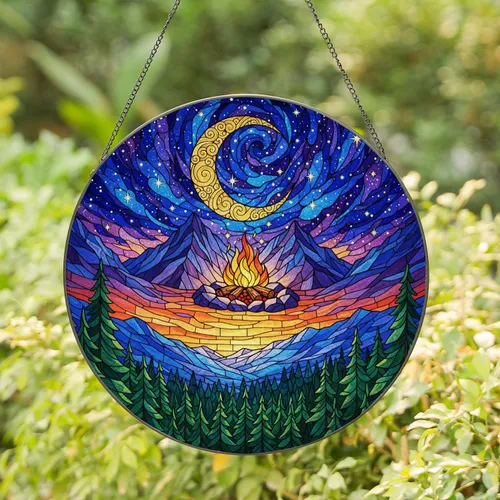 Mountain Campfire Crescent Moon Cosmic Night Sky Stained Glass Style Home Decor Art Stained Glass Suncatcher