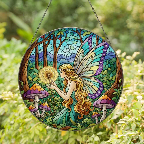 Fairy Butterfly Dandelion Mushroom Forest - Glowing Tiffany Style Mosaic Art Stained Glass Suncatcher