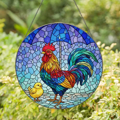 Detailed Rooster Chick Tiffany Stained Glass - Rainy Umbrella Scene Window Home Decor Stained Glass Suncatcher