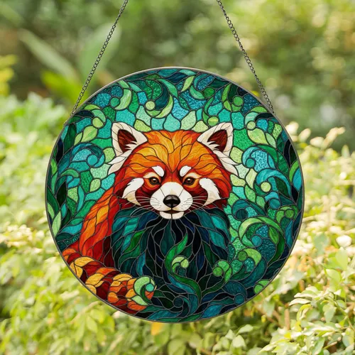 Red Panda Stained Glass, Tiffany Style Intricate Mosaic, Rich Glowing Jewel Tones Stained Glass Suncatcher