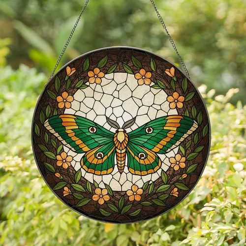 Majestic Moth Stained Glass Moon Flowers - Tiffany Style Glass Jewel Tone Insect Art Stained Glass Suncatcher