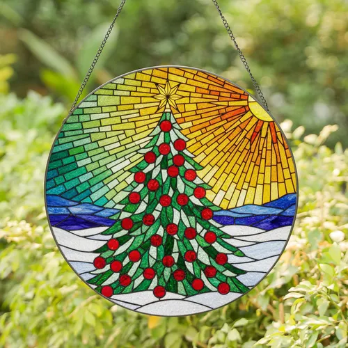 Christmas Tree Stained Glass Winter Sun Mosaic Jewel Tones - Holiday Home Decor Gift Stained Glass Suncatcher