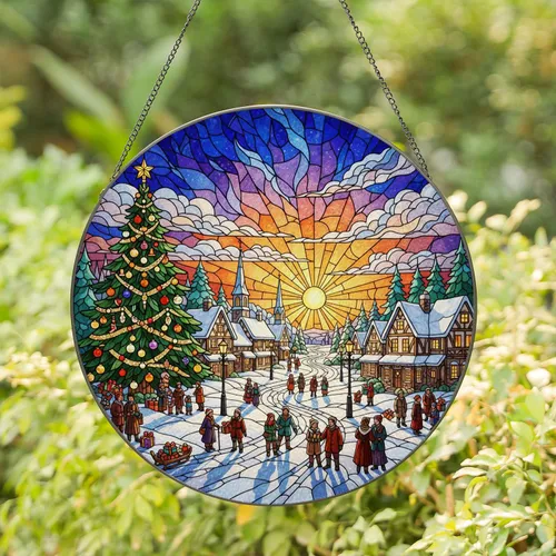 Snowy European Village Stained Glass Christmas Tree - Holiday Half-Timbered Houses Sunrise Sky Gift Stained Glass Suncatcher