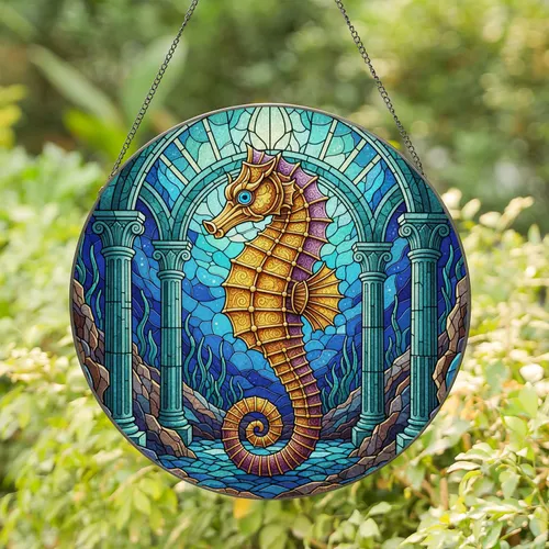Majestic Seahorse Golden Filigree Blue Eye Underwater Ruins Tiffany Glass Jewel Tones Stained Glass Suncatcher