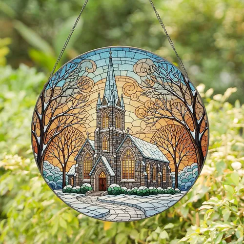 Snowy Church Cathedral, Winter Landscape Stained Glass Art, Christmas Holiday Decor Gift Stained Glass Suncatcher