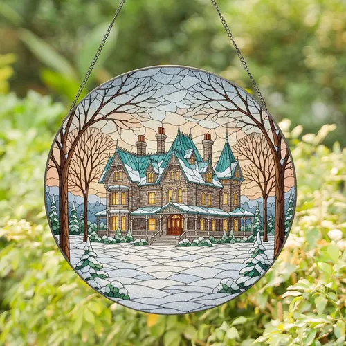 Ornate Victorian Mansion Snow Landscape with Glowing Windows Bare Trees - Winter Gift Stained Glass Suncatcher