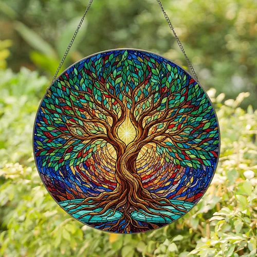 Stained Glass Tree of Life Tiffany Style Cosmic Sky Golden Starburst Leaves Design Stained Glass Suncatcher