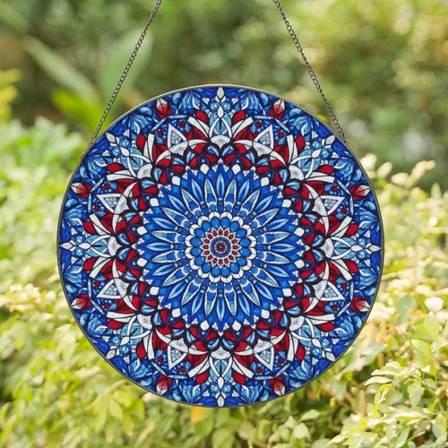 Intricate Floral Star Mandala Jewel Tone Stained Glass Mosaic Art Window Ornament Stained Glass Suncatcher