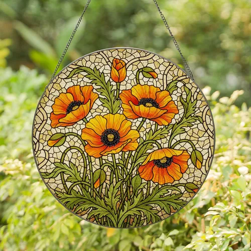 Poppy Flowers Stained Glass Mosaic Art – Fiery Orange Yellow Green Floral Home Decor Stained Glass Suncatcher