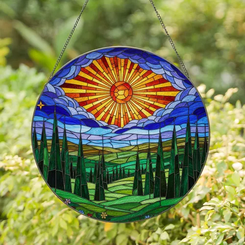 Tiffany Sun Stained Glass Art, Coniferous Trees, Rolling Hills, Clouds, Skyscape Stained Glass Suncatcher