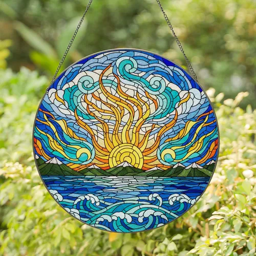 Tiffany Stained Glass Three Suns Ocean Mountain Mosaic Art - Swirling Sky Home Decor Stained Glass Suncatcher