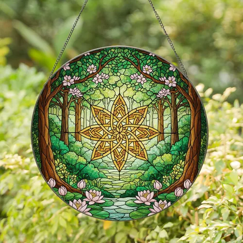 Golden Amber Celtic Knot Flower Water Lilies Blossoming Forest Enchanted Grove Art Stained Glass Suncatcher