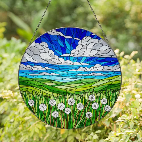 Dandelion Field Rolling Hills Tiffany Stained Glass Cloudy Sky Landscape Mosaic Stained Glass Suncatcher
