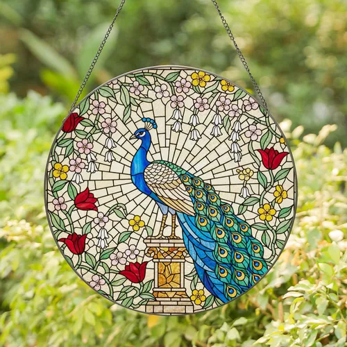Majestic Peacock Stained Glass Art - Fanned Feathers, Jewel Tones, Blooming Flowers Stained Glass Suncatcher