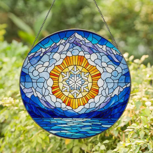 Tiffany Snowflake Sun Glow Mountains Water Mosaic - Iridescent Sparkling Jewel Tones Stained Glass Suncatcher