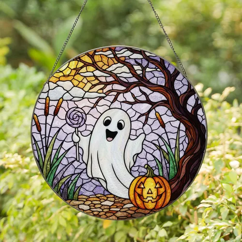 Cartoony Ghost Jack-o'-lantern Tiffany Stained Glass - Halloween Spooky Season Decor Stained Glass Suncatcher