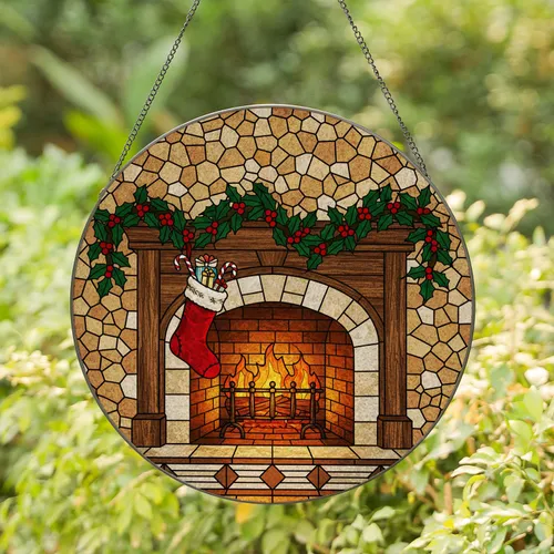 Tiffany Stained Glass Fireplace Lit Embers Christmas Stocking Holly Garland Holiday Gift Stained Glass Suncatcher