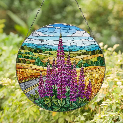 Vibrant Lupine Flowers Road Wheat Fields Tiffany Stained Glass Rolling Hills Gift Stained Glass Suncatcher