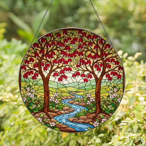 Tiffany Stained Glass Bleeding Heart Tree Trunks River Landscape Mosaic Window Art Stained Glass Suncatcher