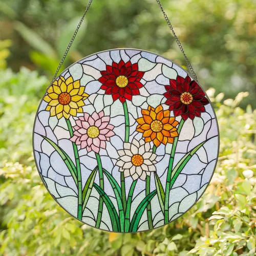 Stained Glass Floral Bouquet Dahlia Zinnia Flowers - Tiffany Style Mosaic Jewel Tone Art Stained Glass Suncatcher