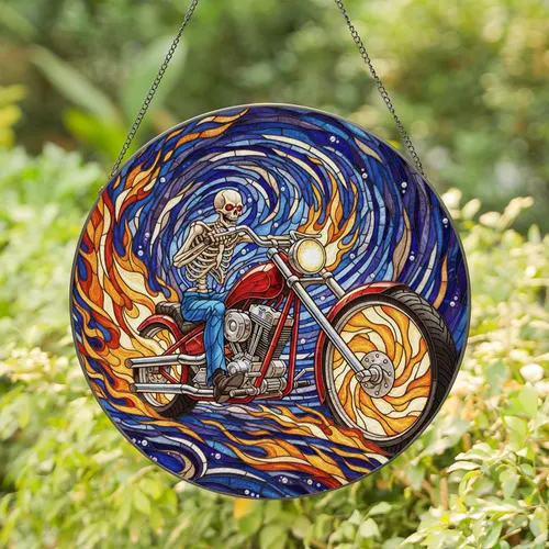 Skeletal Rider Red Chopper Motorcycle, Chrome Engine Flames Glowing Wheels Mosaic Stained Glass Suncatcher