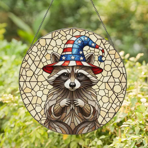 Patriotic Raccoon Wizard Hat Tiffany Glass Mosaic - American Pride Window Decor Stained Glass Suncatcher