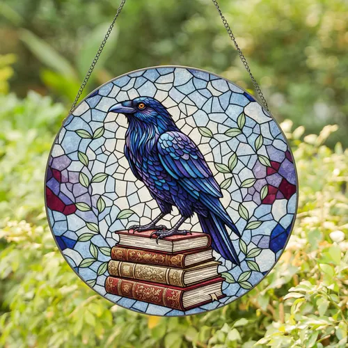 Iridescent Raven Dark Blue Purple Stained Glass Books Tiffany Mosaic Branches Leaves Stained Glass Suncatcher