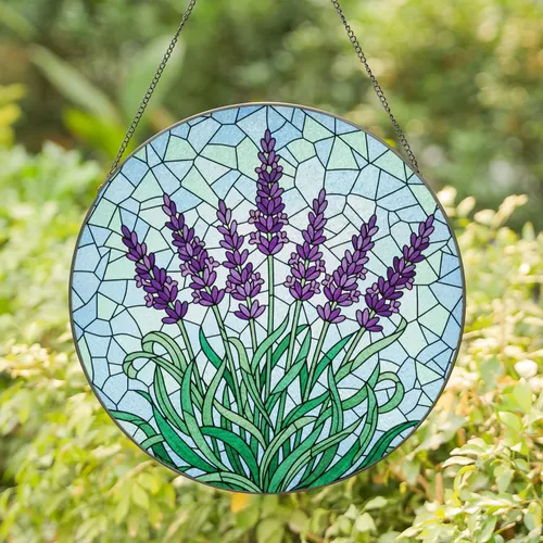 Purple Lavender Flowers Stained Glass Mosaic Art - Emerald Green Leaves Jewel Tones Stained Glass Suncatcher