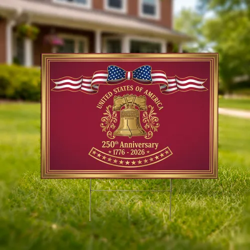 Liberty Bell American Flag 1776-2026 - USA 250th Anniversary Gold Framed Display Yard Sign