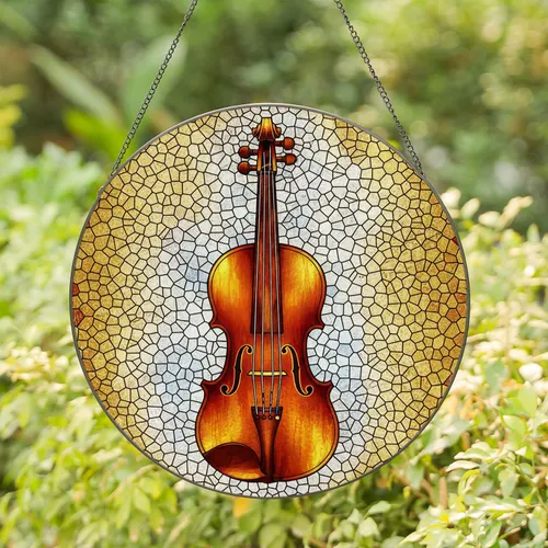Antique Wooden Violin Tiffany Style Jewel Tone Cracked-Ice Mosaic Glass Decor Gift Stained Glass Suncatcher