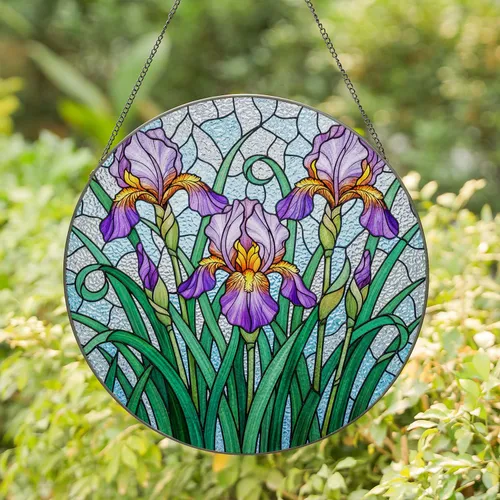 Tiffany Style Stained Glass Purple Iris Flowers Mosaic Art - Glowing Jewel Tone Floral Decor Stained Glass Suncatcher