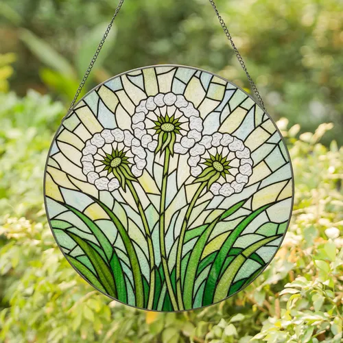 Dandelion Seed Heads Emerald Green Stained Glass - Tiffany Style Luminous Mosaic Art Stained Glass Suncatcher